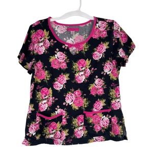 Betsey Johnson Pink, Rose, Nurse scrub with cute small bow detail pockets floral